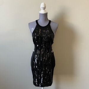 Bebe Y2K Sequin textured halter neck cut out back mini cocktail dress